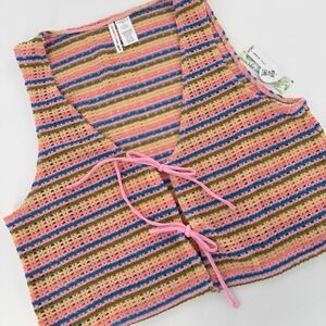 Celebrity Pink Crochet Tie Front Vest Swim Coverup Modern Womens Large Pink